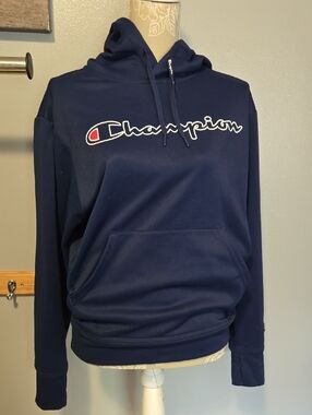 Champion Men's Navy Blue Crewneck Hoodie with Script Logo